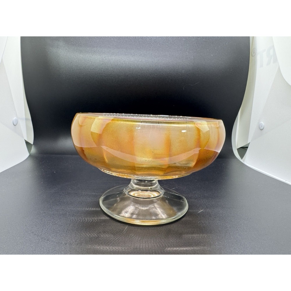 Amber Iridescent Glass Footed Bowl Compote Dish Carnival Glass Style‎